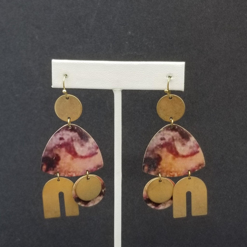 Pierced Earrings Gold tone Multicolor Geometric Statement Dangle 2 5/8"