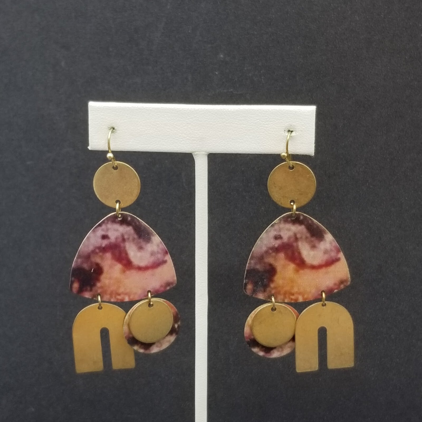 Pierced Earrings Gold tone Multicolor Geometric Statement Dangle 2 5/8"