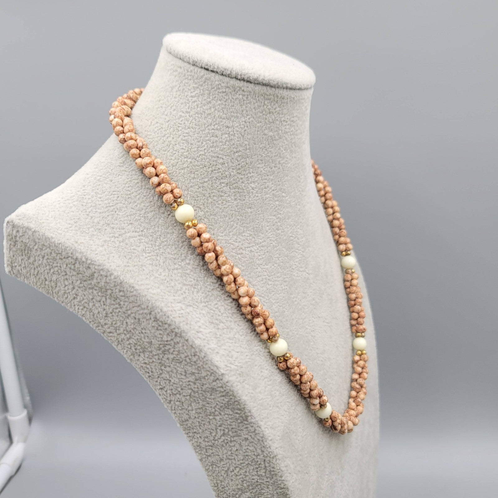 Vintage Brown Stone Twist Bead Necklace Gold tone 20"