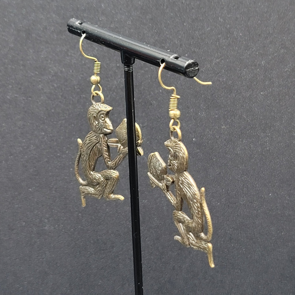 New Monkey Pierced Earrings Bronze tone Dangle 1.25"