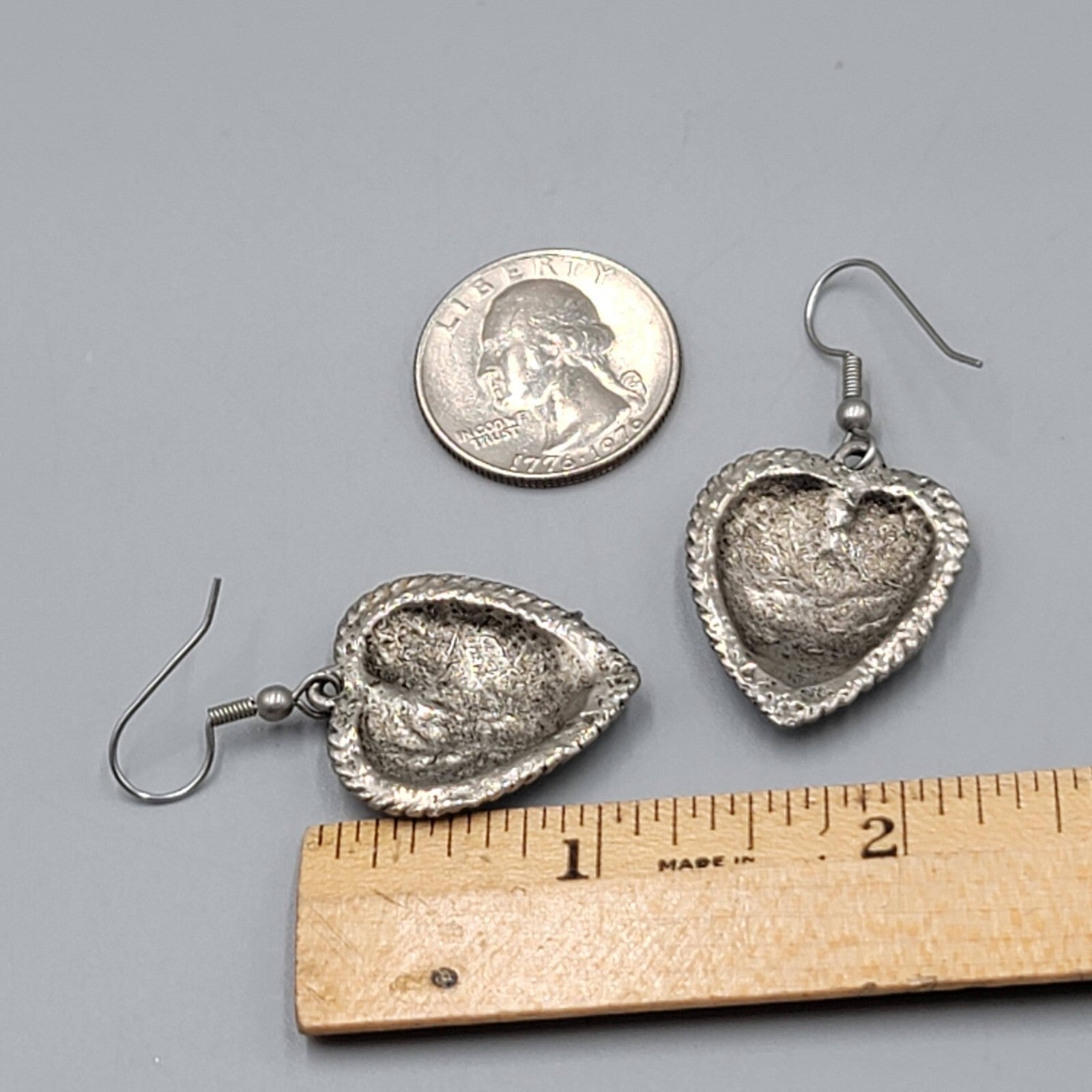 Vintage Heart Pierced Earrings Blue Enamel Southwest Statement Dangle  1 1/8"