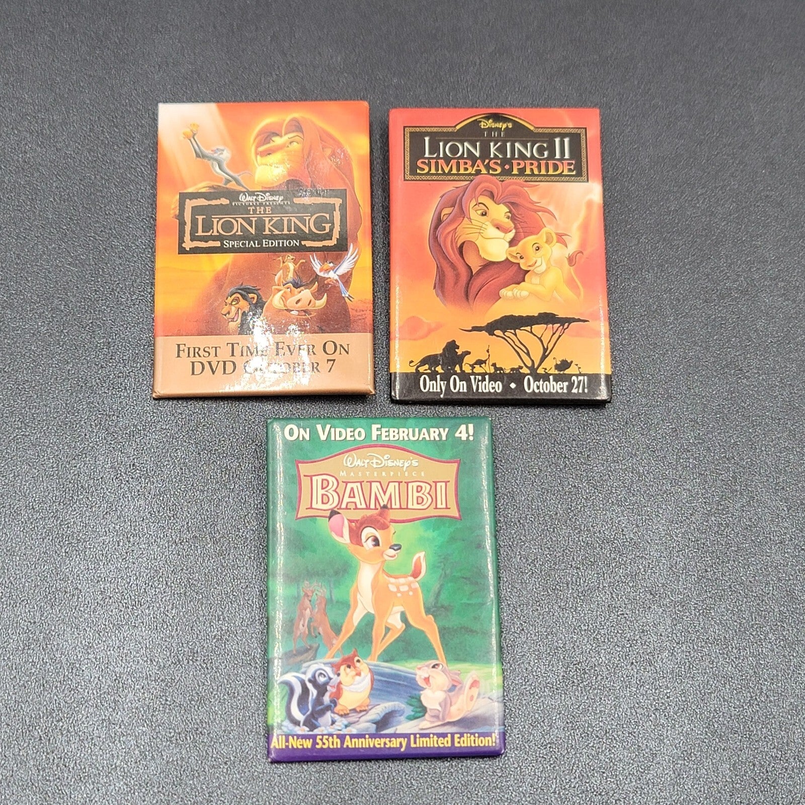 Vtg 3 Disney Lot Movie Promo Pin Back Buttons Pins Bambi Lion King I & II