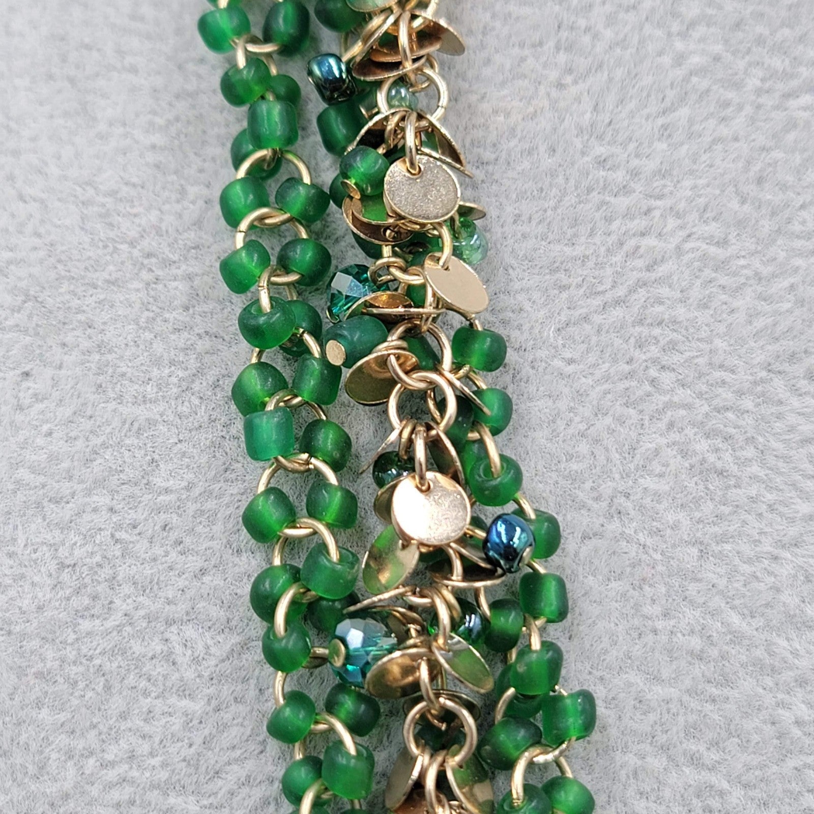 Coldwater Creek Necklace Gold tone Green Glass Beads LONG 36"