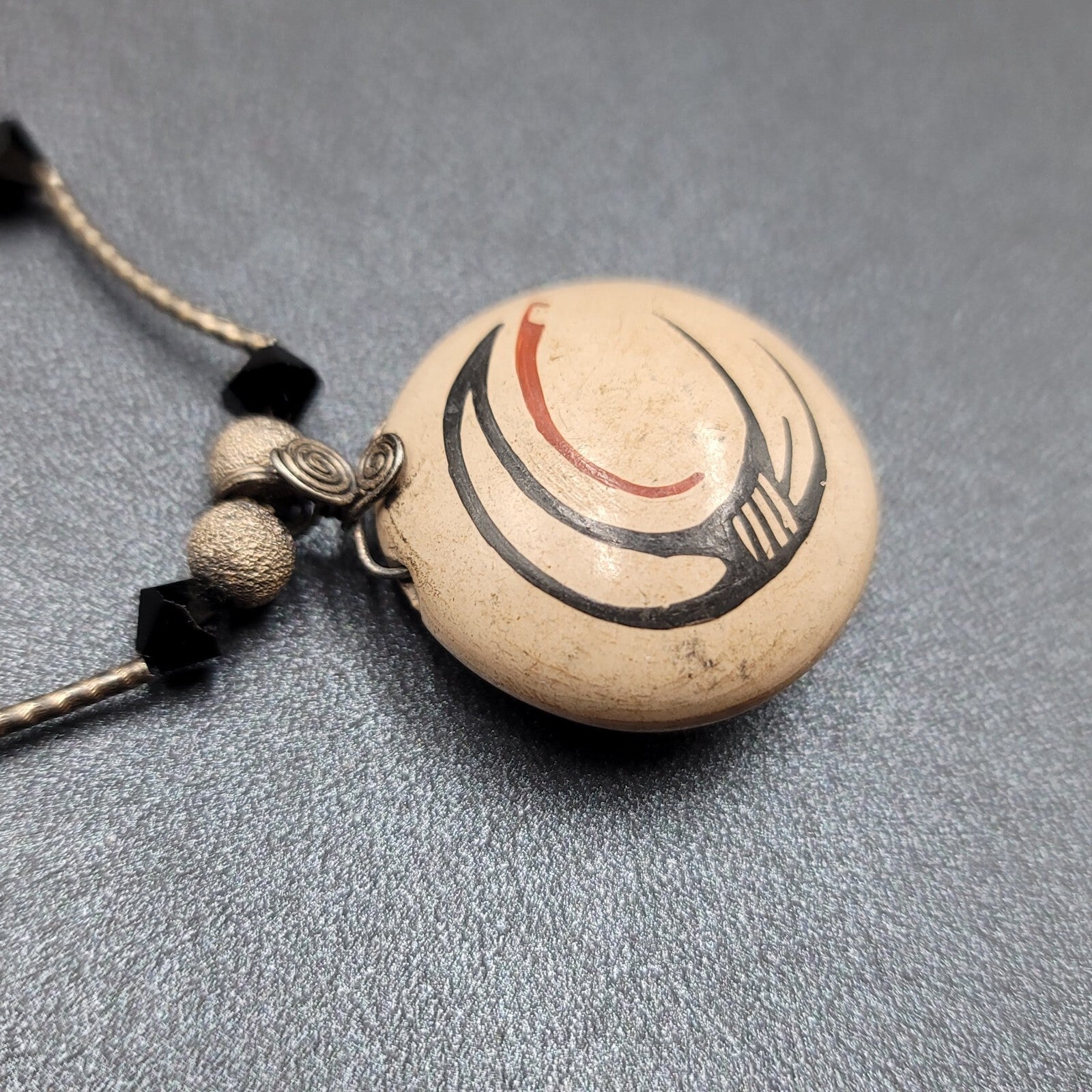 Rosy Mora Mexican Hand Painted Pottery Pendant Necklace 16" Sterling Silver