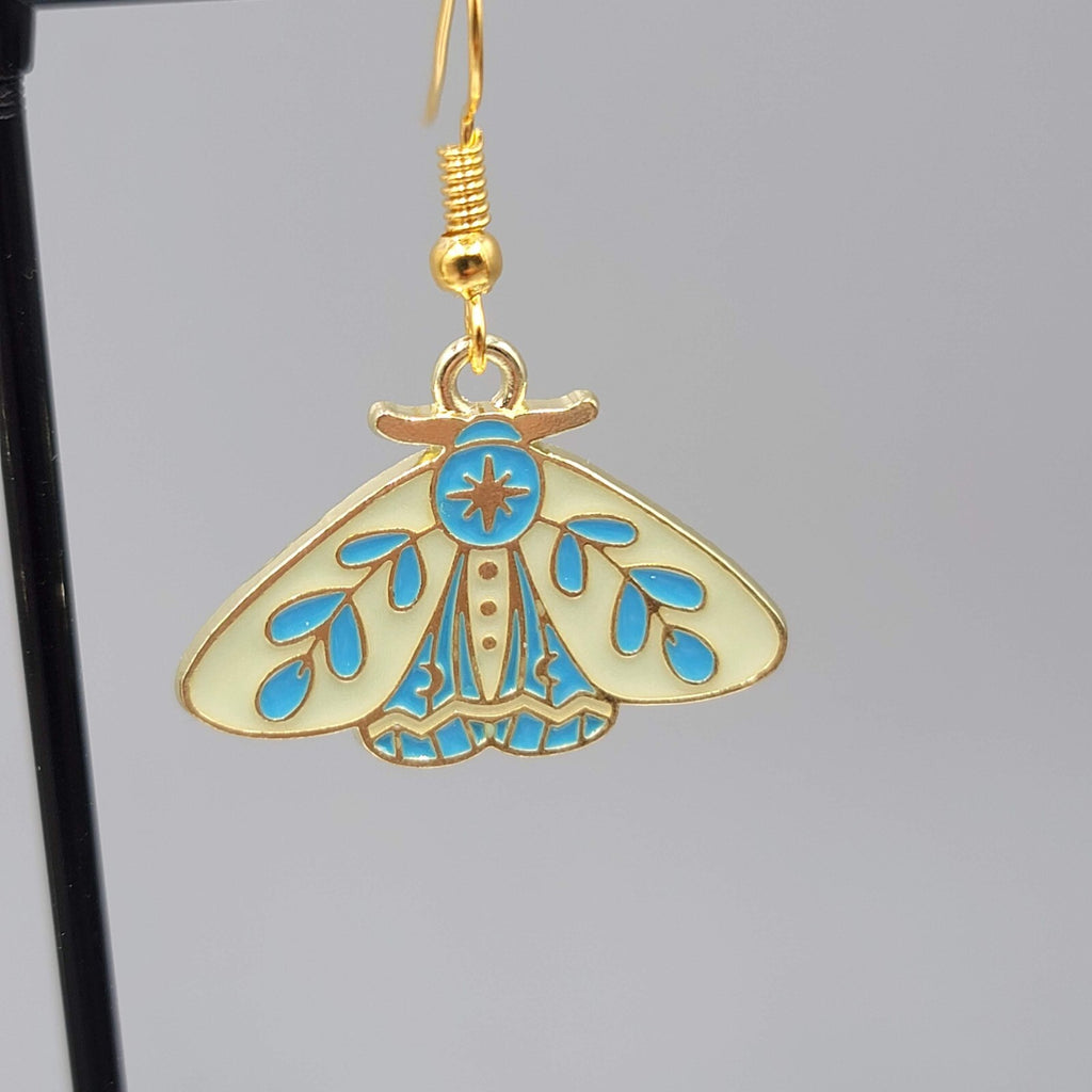 Moth Pierced Earrings Gold tone Yellow Blue Enamel Dangle 3/4"
