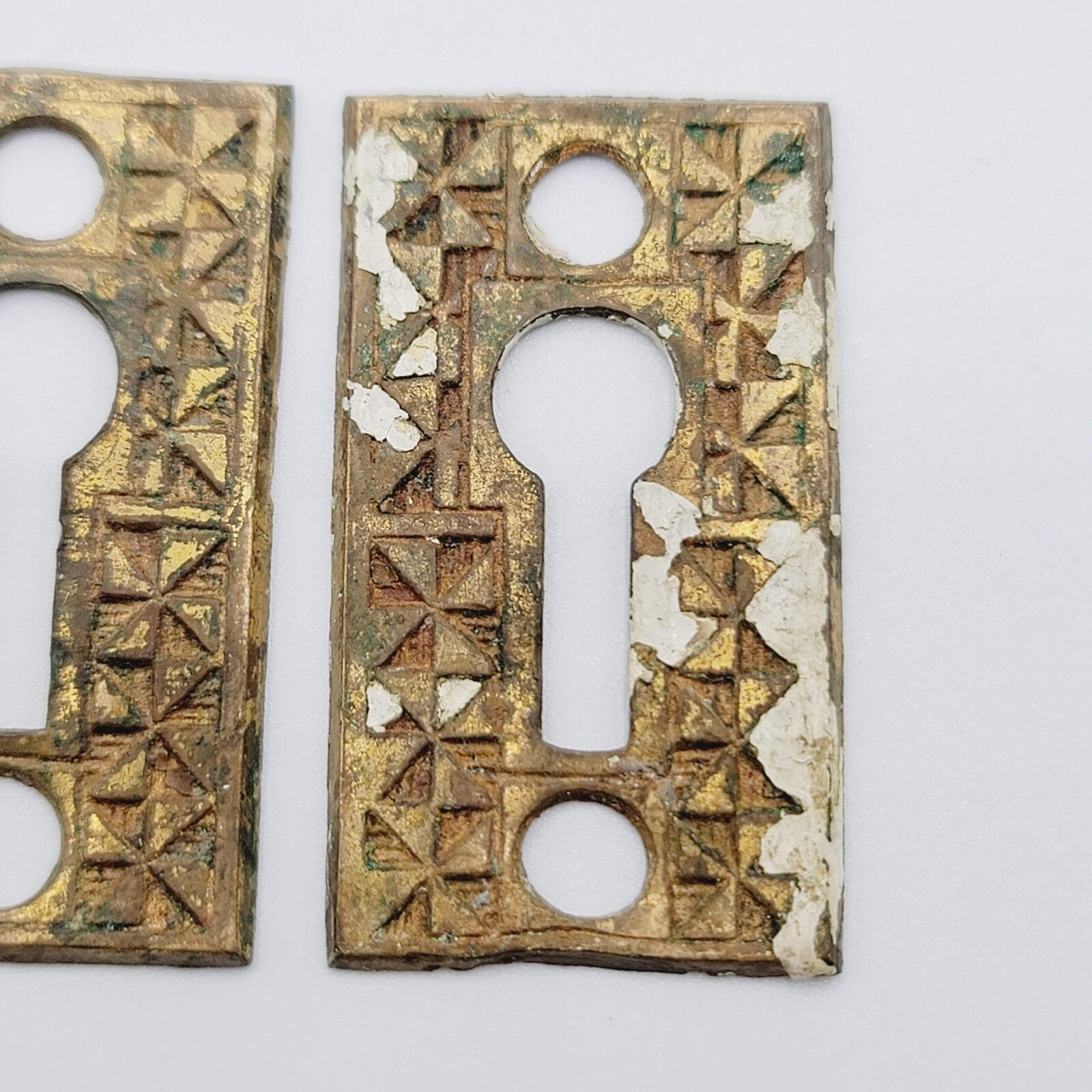 Set of 2  Vintage Oval Brass Skeleton Key hole Escutcheon Salvage Lot PAIR