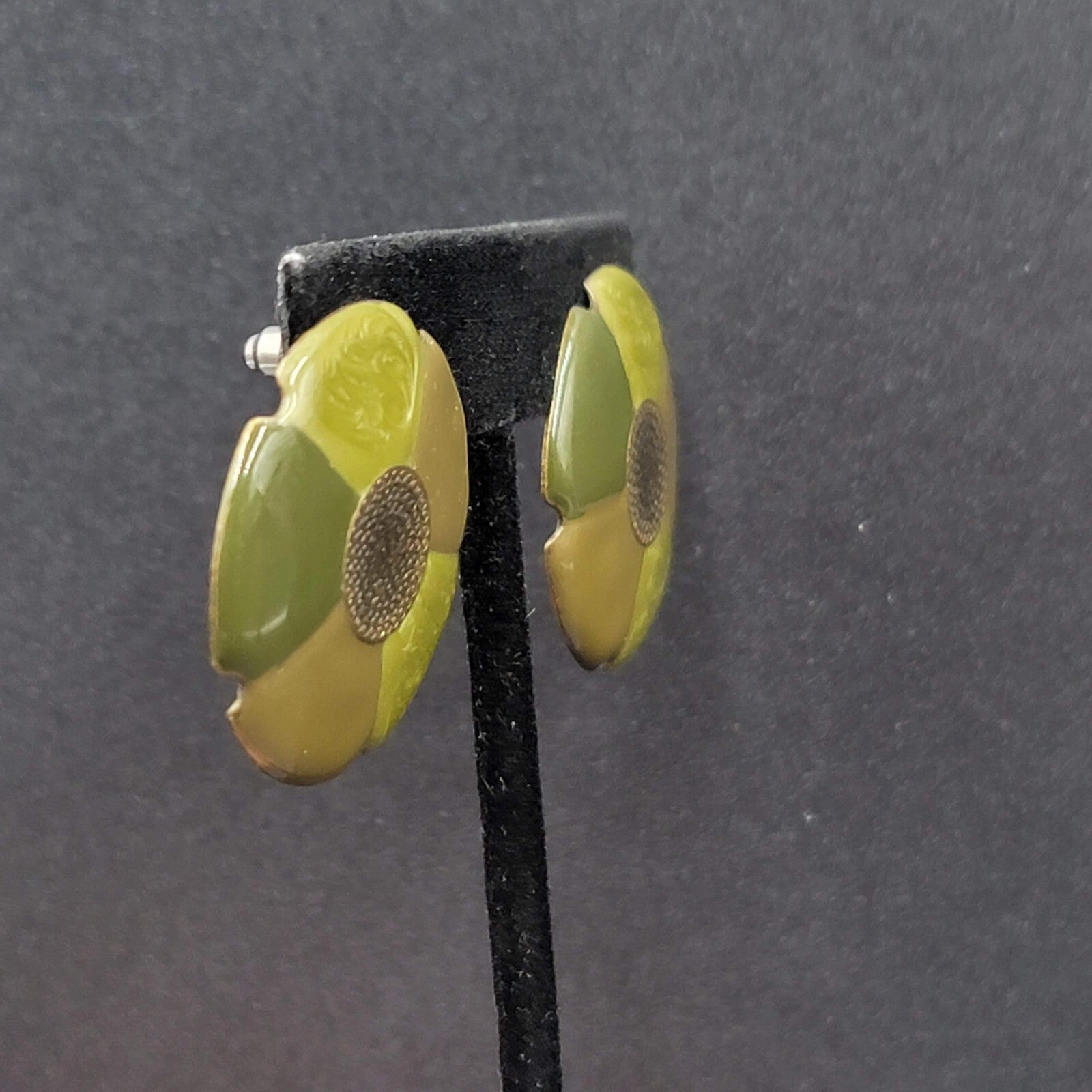 Flower Pierced Earrings Green Enamel Bronze tone Drop 1.25"