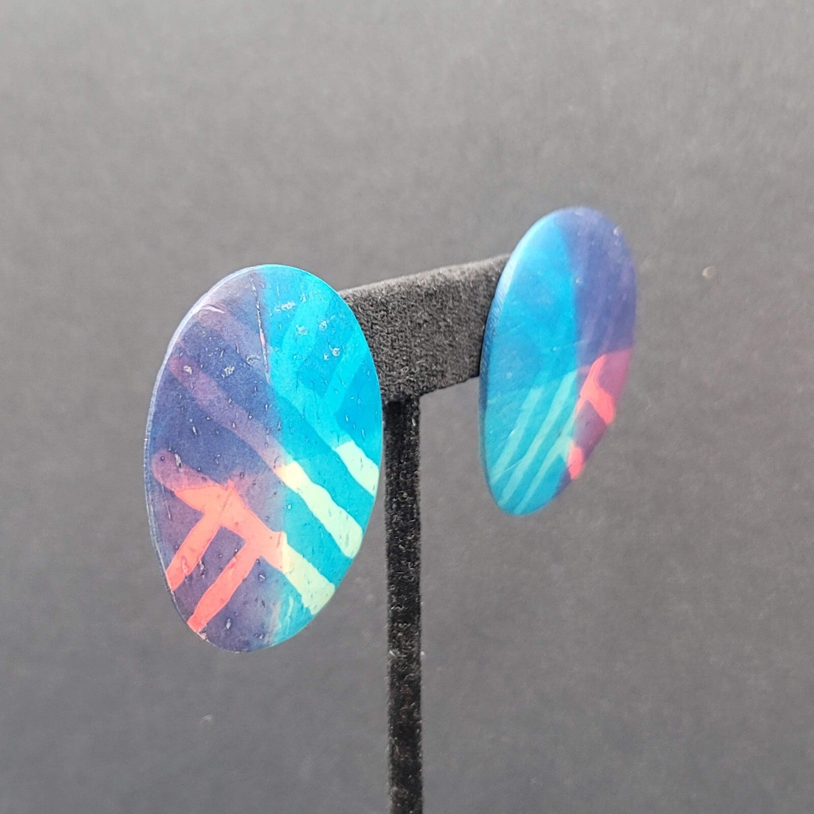 Pierced Earrings Blue Pink Purple Oval Wood Statement 1.25"