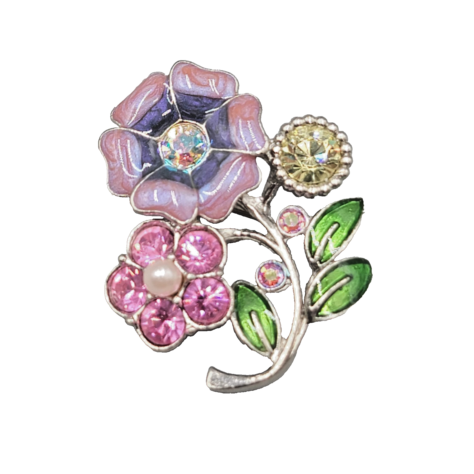 Vintage Enamel Flower Brooch Multicolor Rhinestone Silver tone Pin 1.5 in