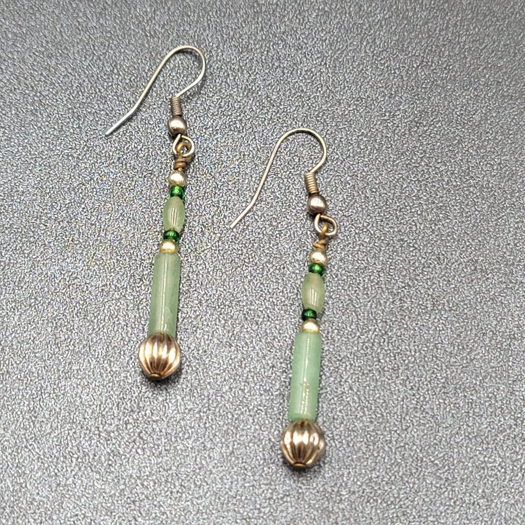 Pierced Earrings Silver tone Jade Beaded Long Thin Dangle  1.5"