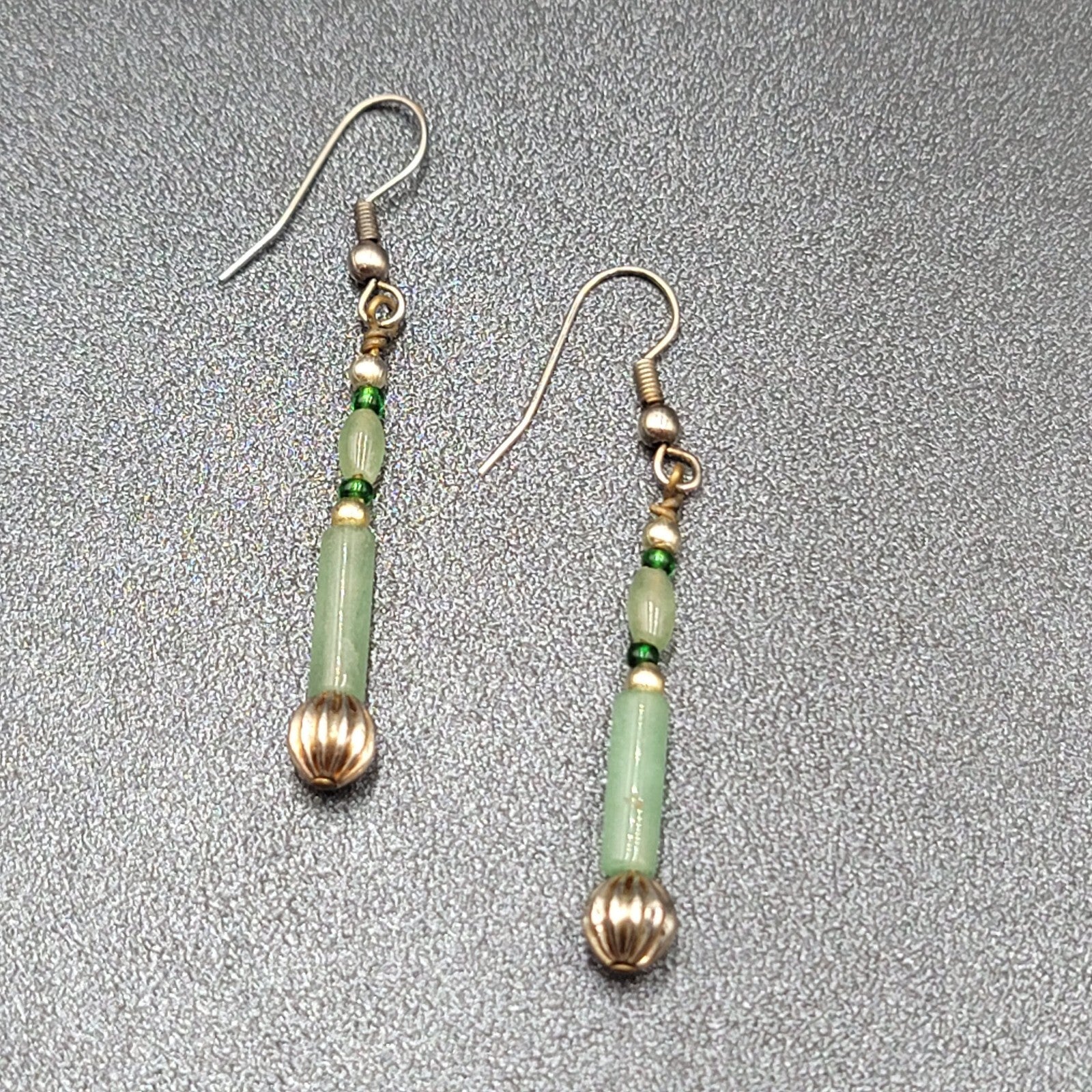Pierced Earrings Silver tone Jade Beaded Long Thin Dangle  1.5"