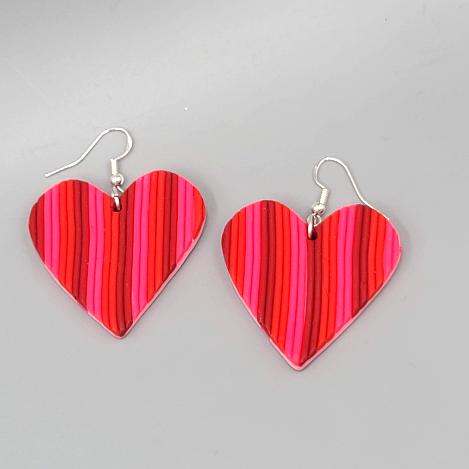 Large Heart Stripes Pierced Earrings Reds Polymer Clay 1.5"