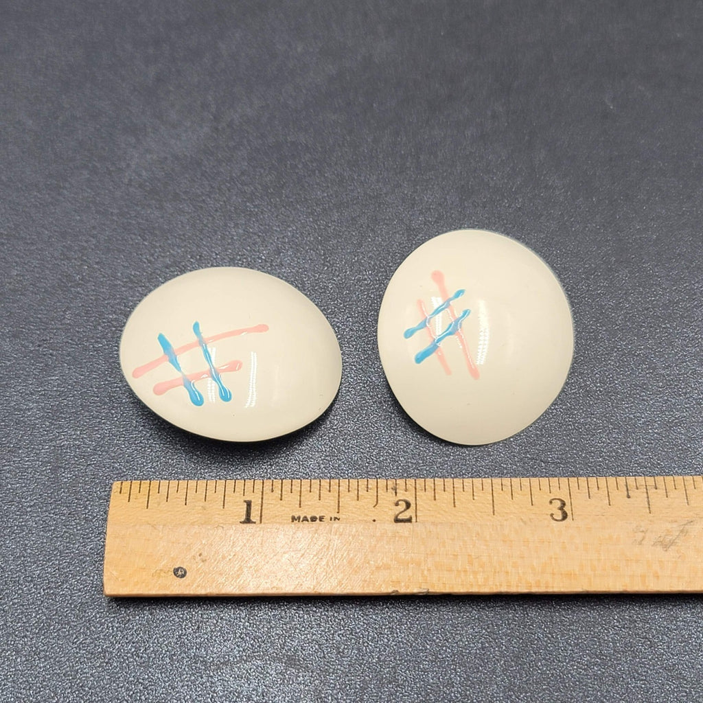 Vintage 1980s Pierced Earrings White Pink Blue Enamel over Metal 1.5"