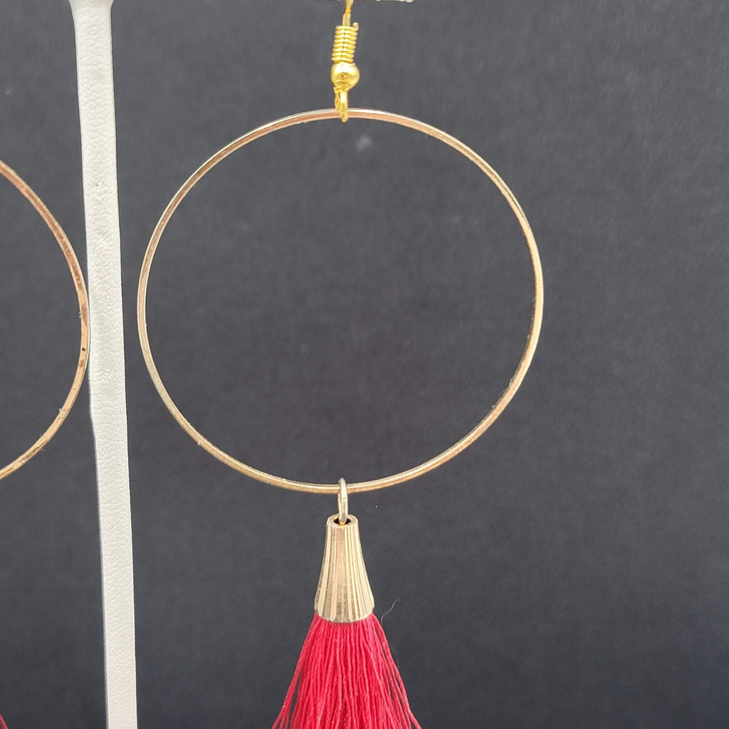 Pierced Earrings Gold tone Red Tassel Statement Dangle 3.5"