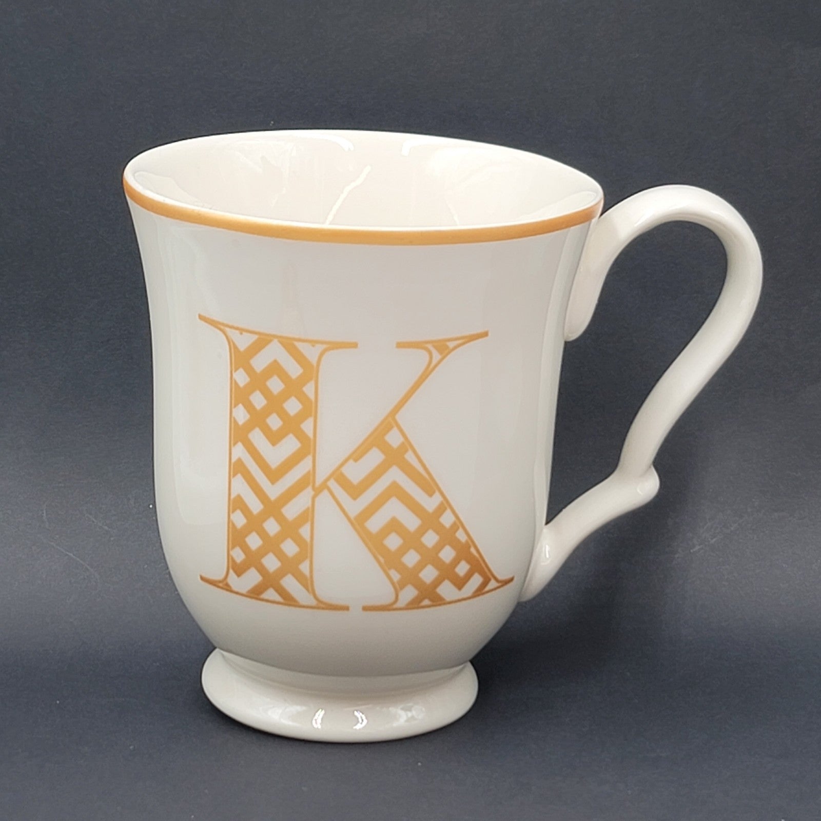 222 Fifth Fine China Coffee Mug Cup White Gold letters Monogram Letter K