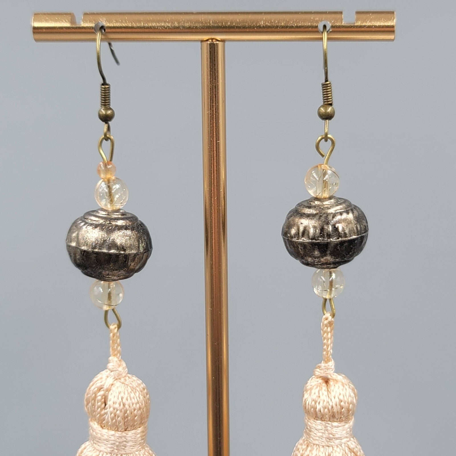 LONG Tassel Pierced Earrings Bronze tone Metal Beads Dangle 3.5"