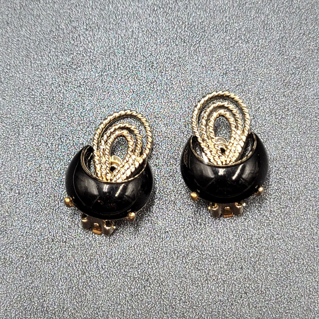Clip on Earrings Silver tone Black Acrylic Climber MCM 1.25"
