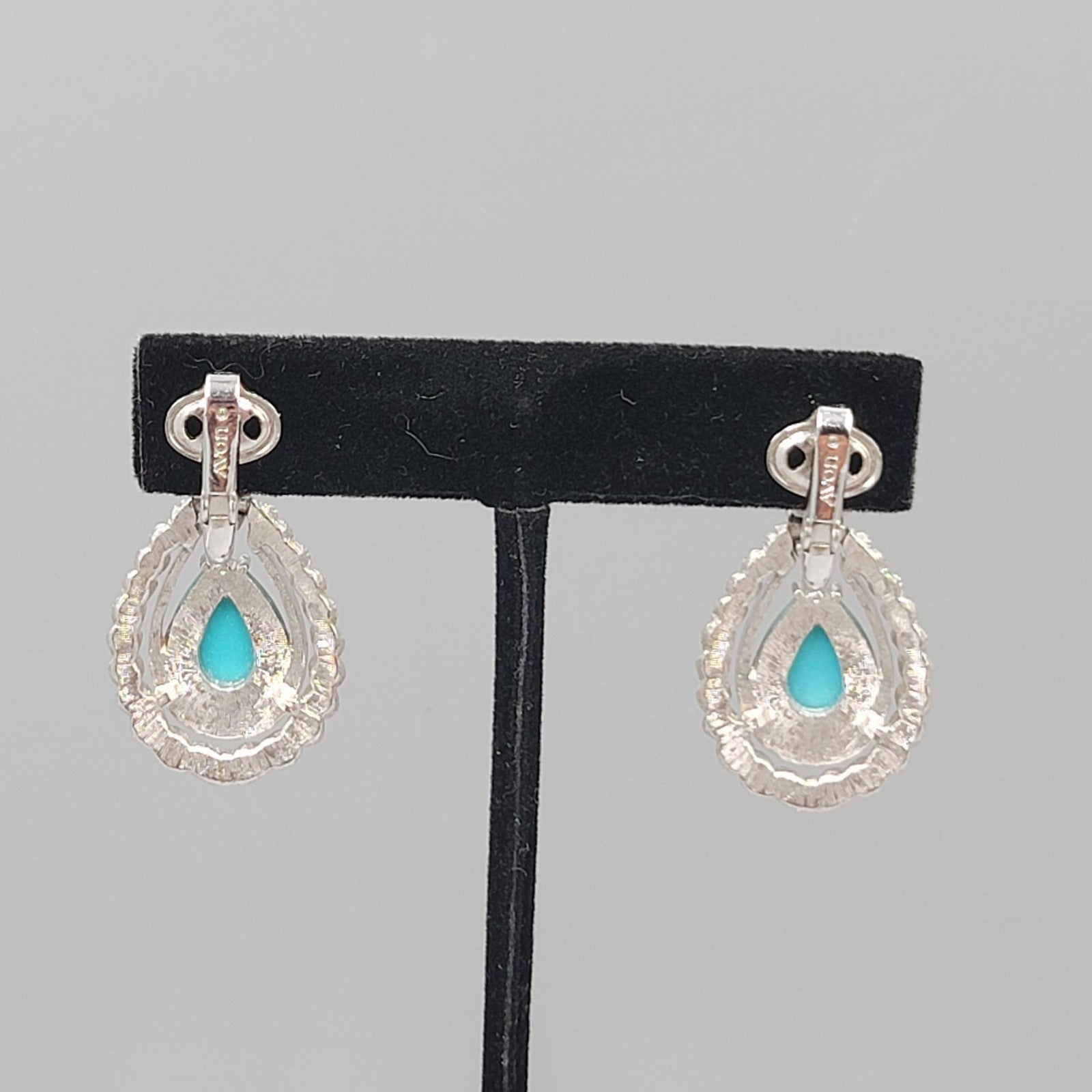 Vintage Avon Clip on Earrings Textured Silver tone Blue Teardrop Dangle 1.5 in