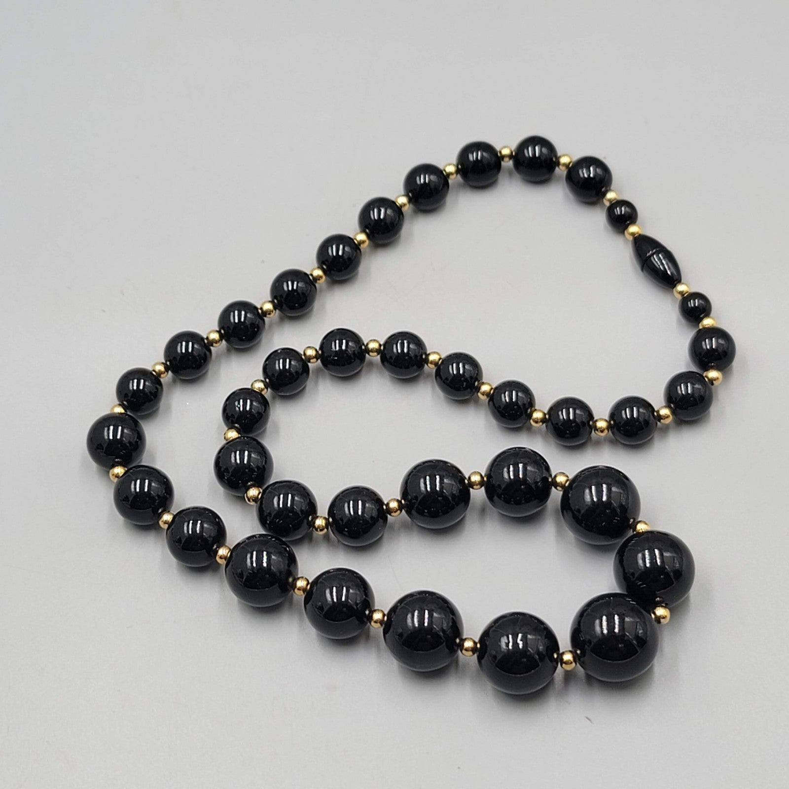 Vintage Hidden Clasp Necklace Graduated Black Bead Gold tone Spacers 24"
