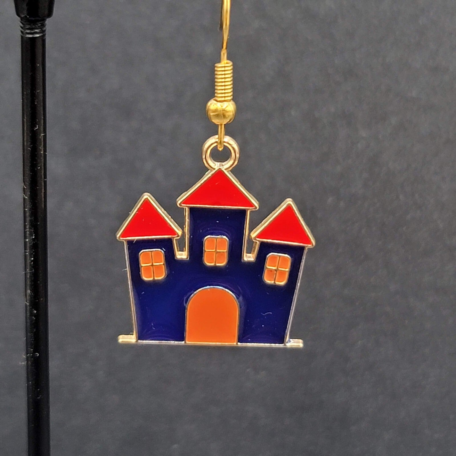 Purple Haunted House Halloween Pierced Earrings Gold tone Enamel Dangle 1"