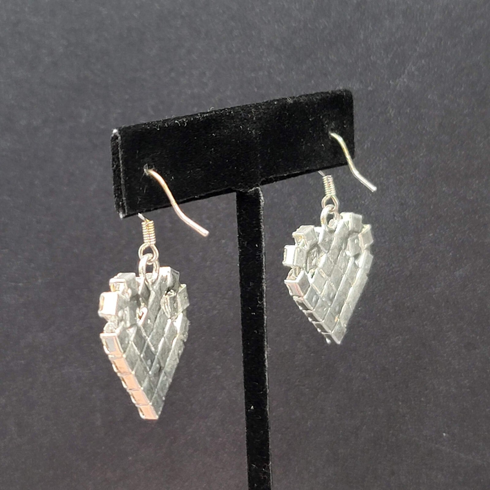 Vintage Pierced Earrings Silver tone Rhinestone Studded Dangle Heart 1"