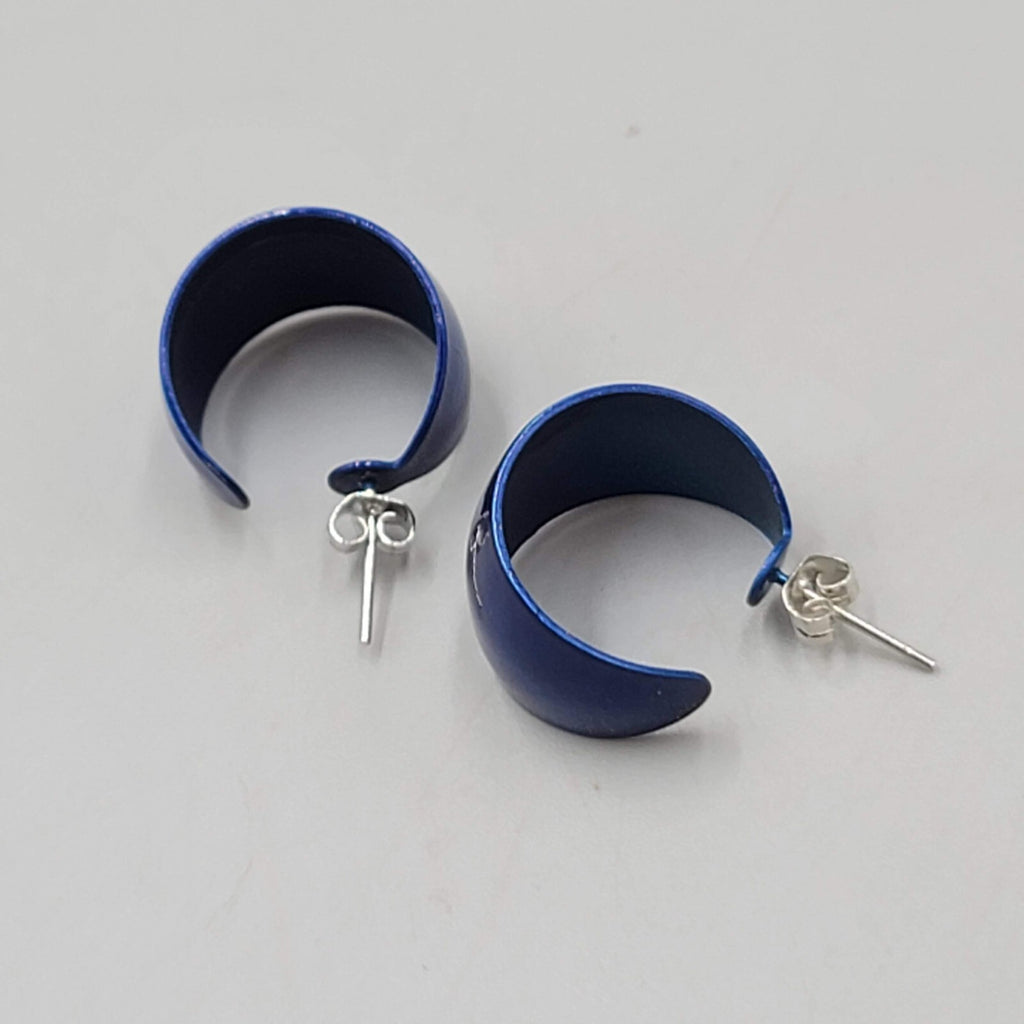 Vintage Blue Enamel Pierced Earrings Wide Hoops 5/8"