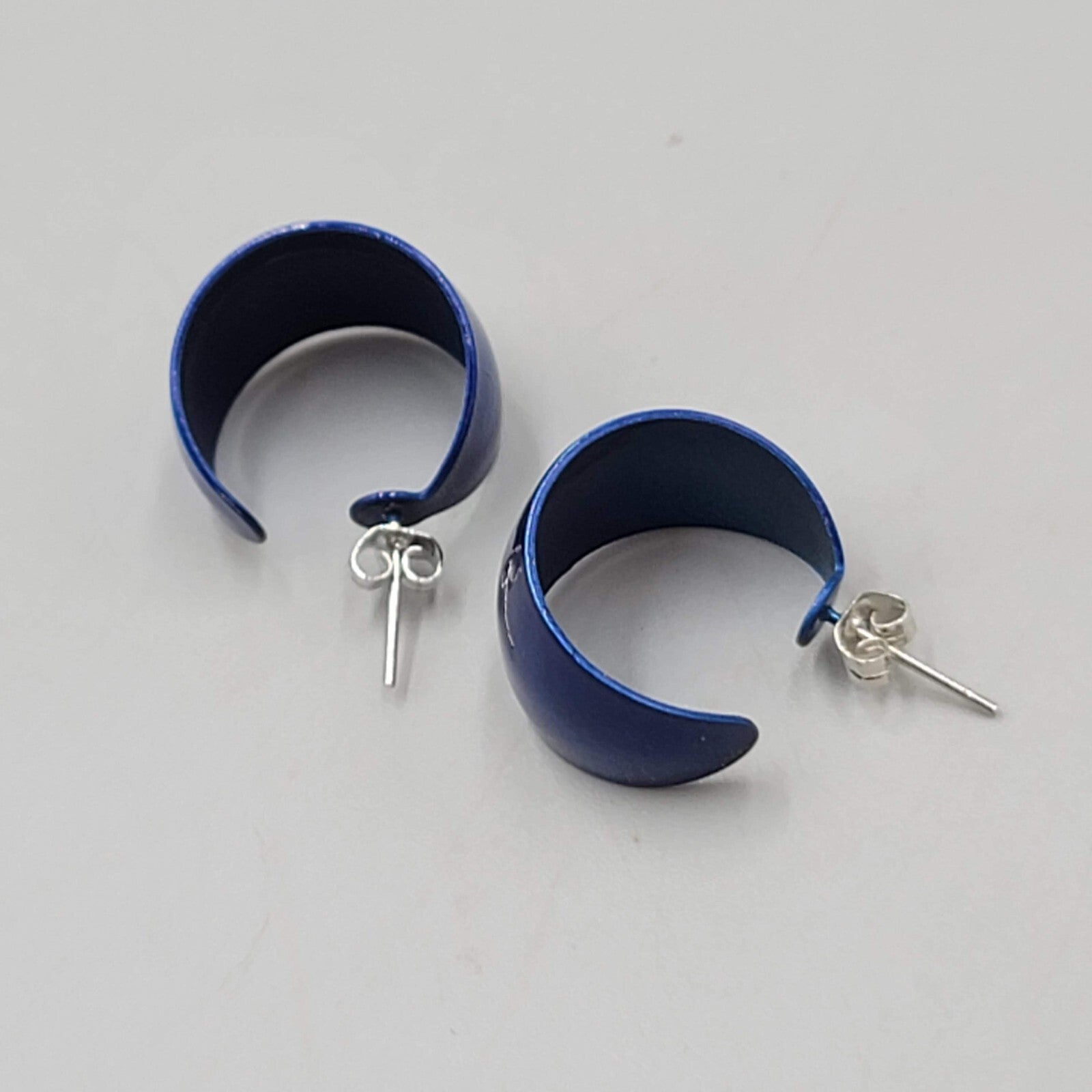 Vintage Blue Enamel Pierced Earrings Wide Hoops 5/8"