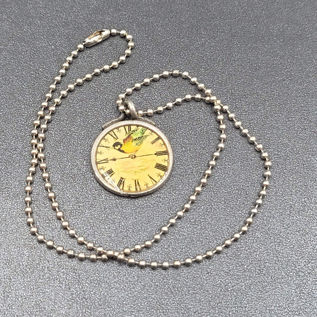 Necklace Signed Isabella Silver tone Bird Clock Pendant Ball Chain 18"