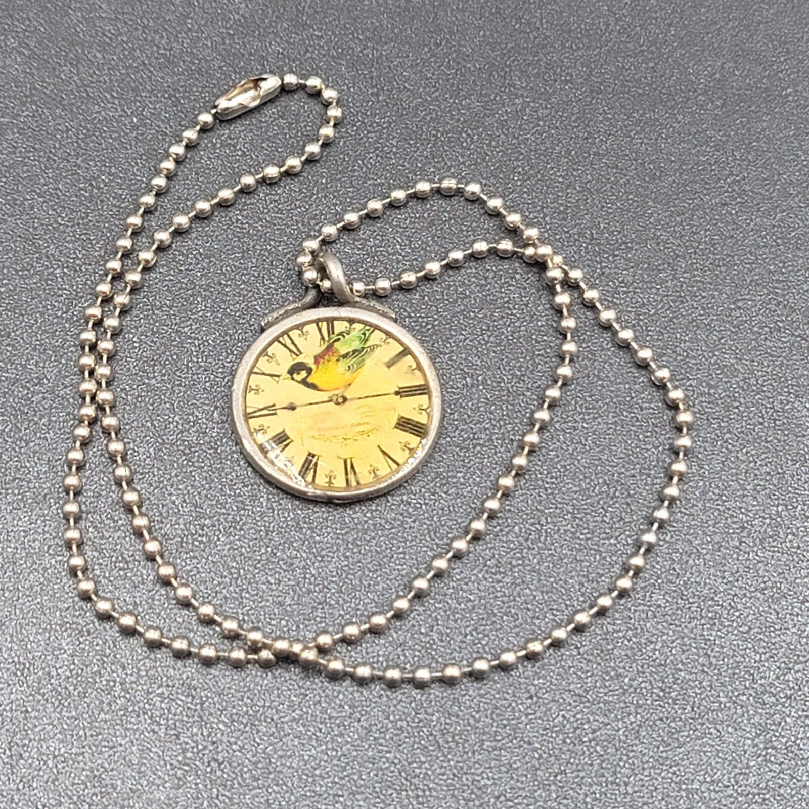 Necklace Signed Isabella Silver tone Bird Clock Pendant Ball Chain 18"