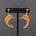 Vintage Clip on Earrings Gold tone Carved Dolphin Dangle Rhinestone 1 5/8"