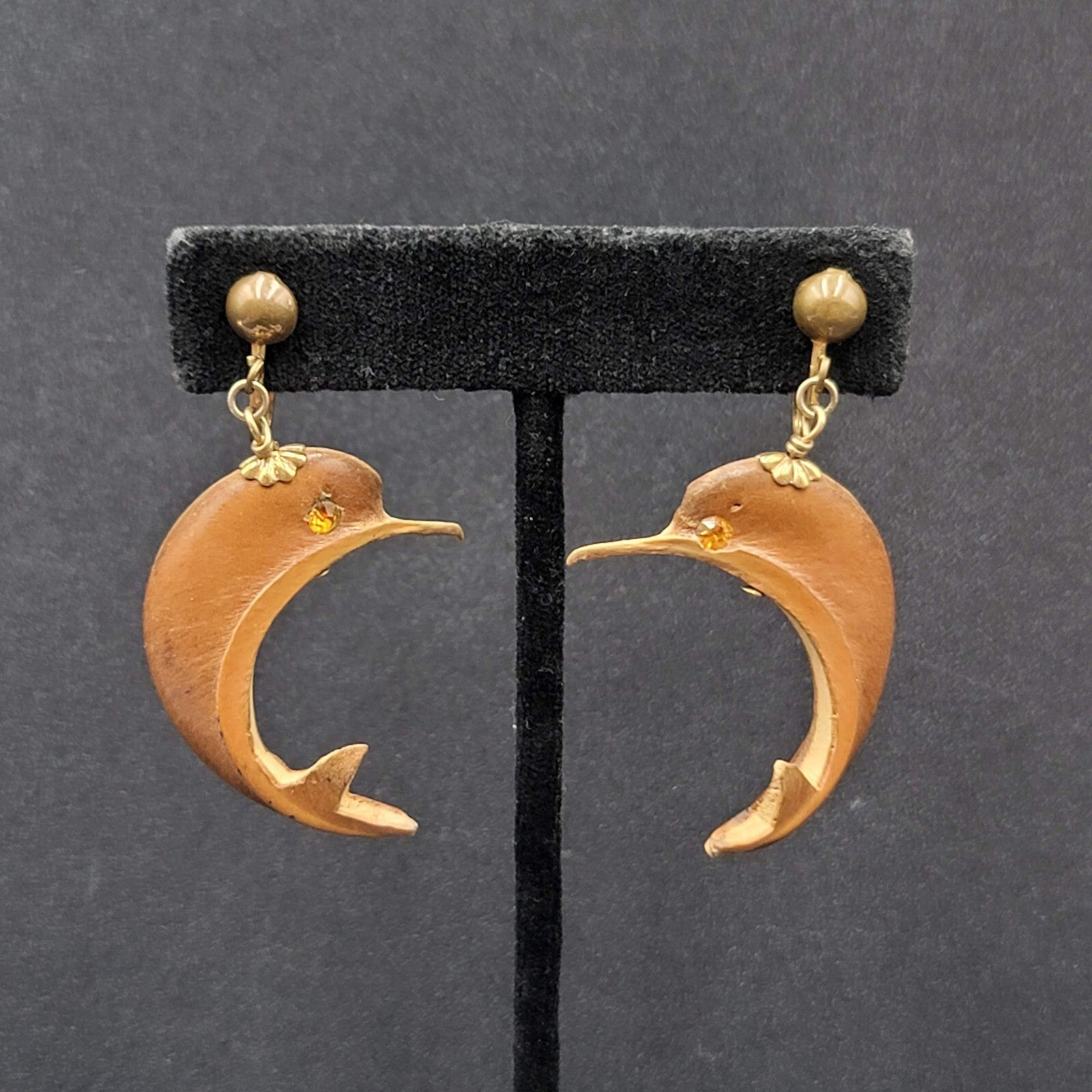 Vintage Clip on Earrings Gold tone Carved Dolphin Dangle Rhinestone 1 5/8"