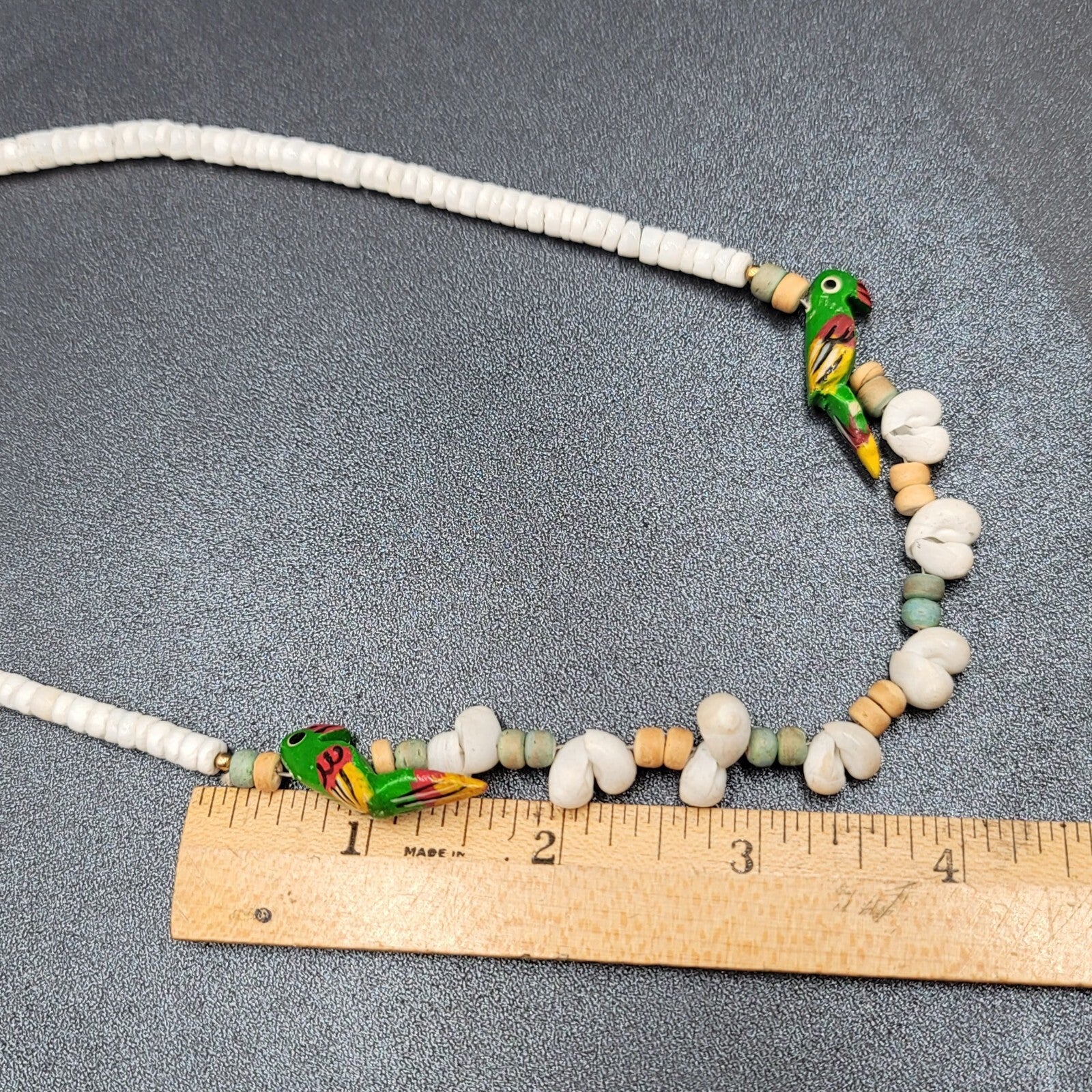 Vintage Shell Necklace Wood Hand Painted Parrot Beads 18"