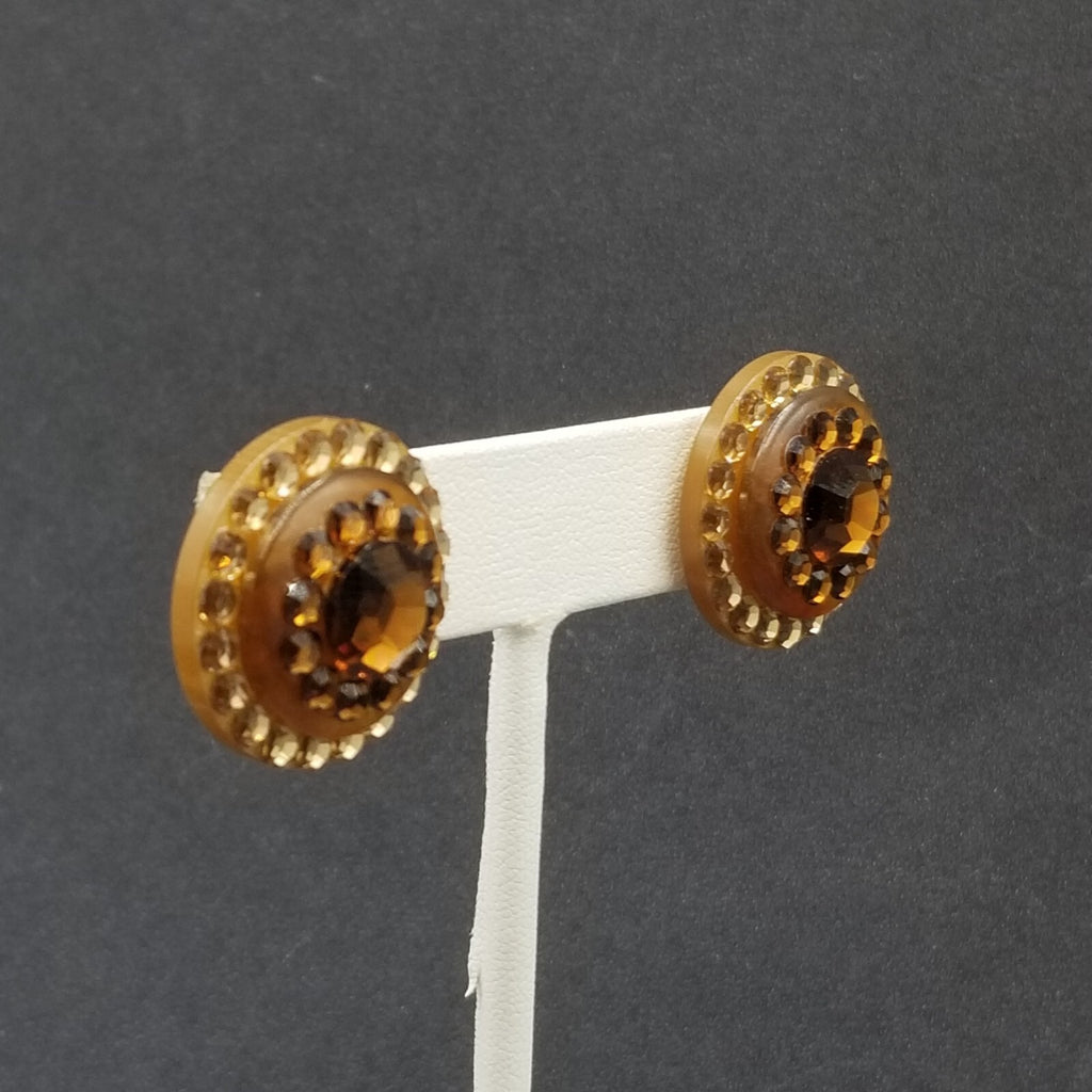 Pierced Earrings Brown Faceted Crystal Button Style Statement Stud 1"