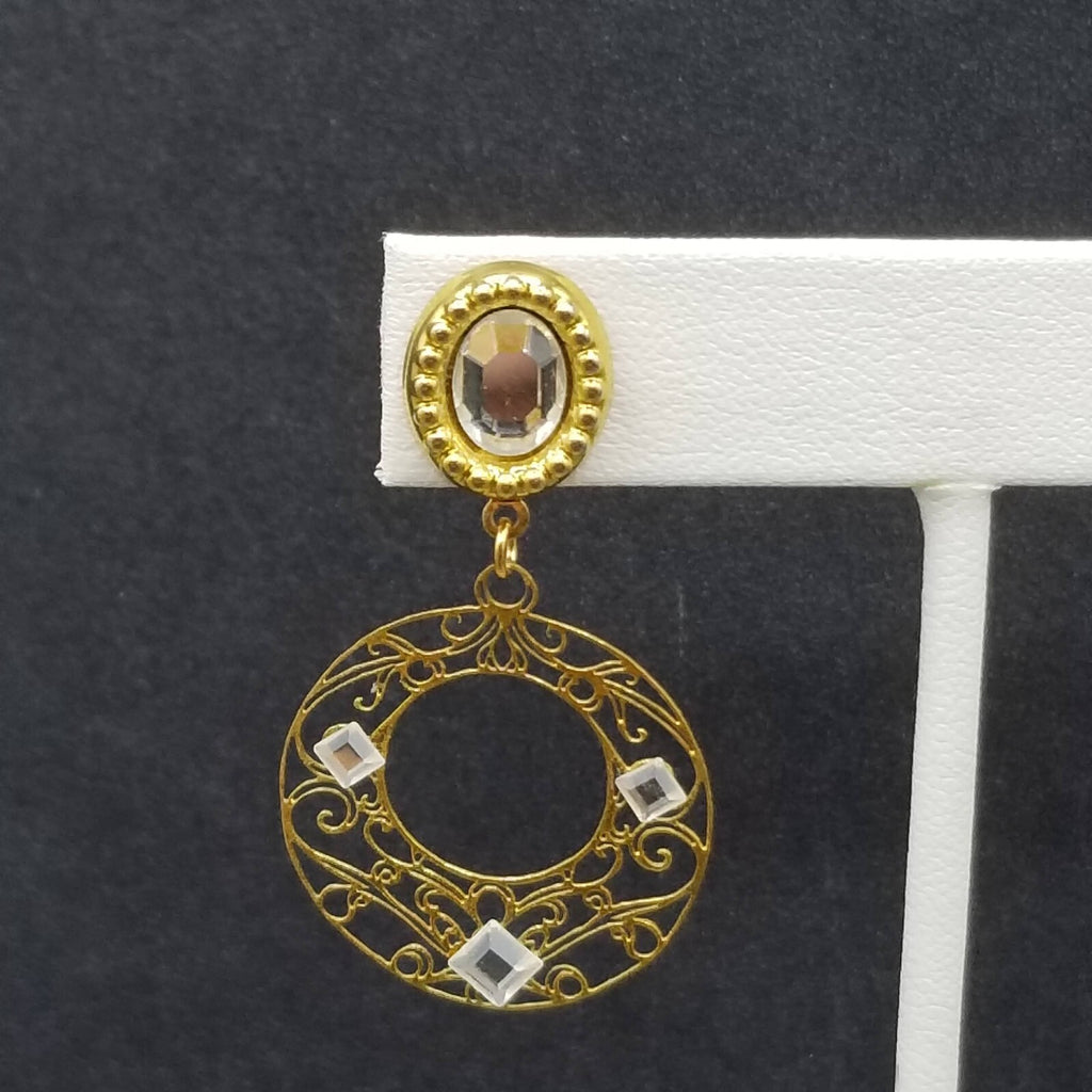 Pierced Earrings Gold tone Crystal Open Work Round Dangle 1 3/4"