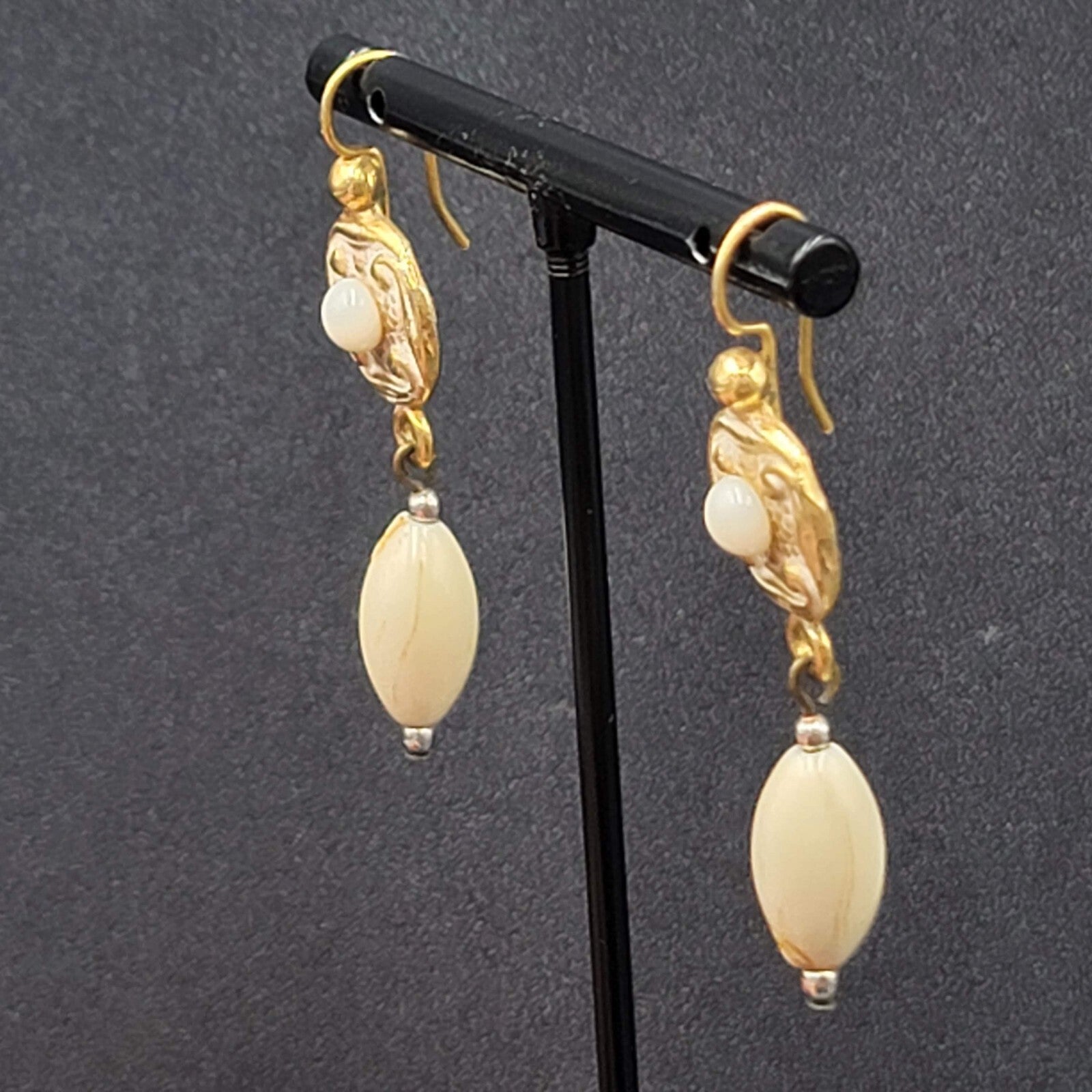Pierced Earrings Brushed Gold Plated White Bead Dangle 1.5"