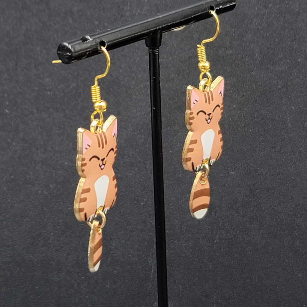 Tabby Kitty Cat Pierced Earrings Gold tone Dangle Tail 1.5"
