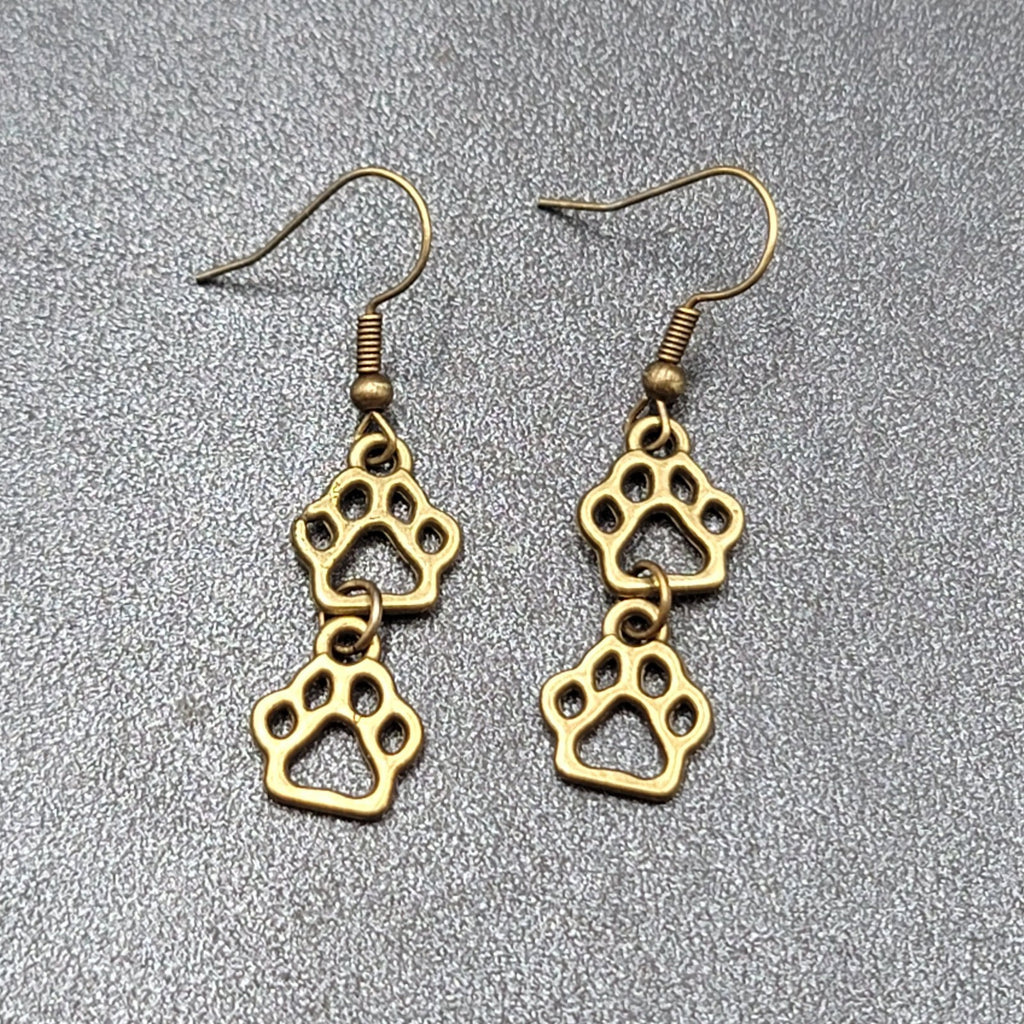 New Pierced Earrings Bronze tone Puppy Dog Paw Prints Dangle 1"