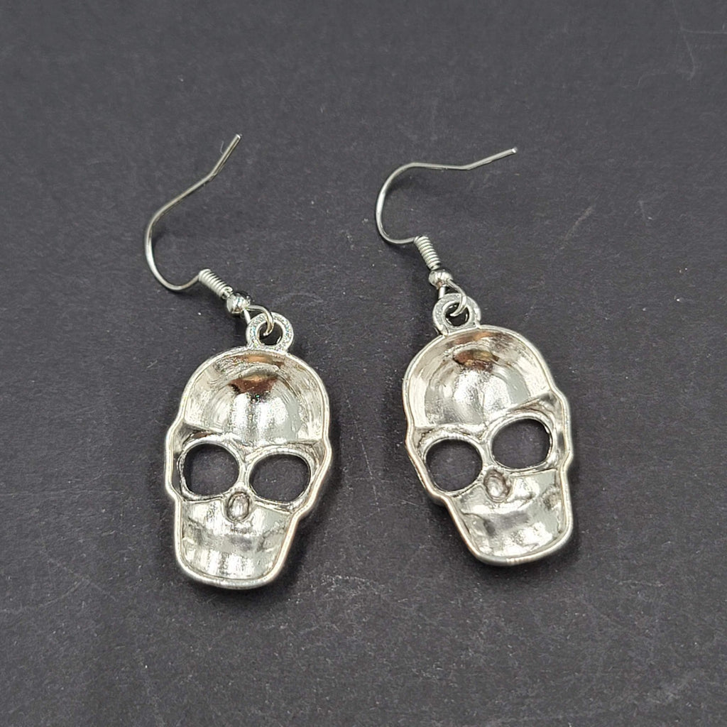Embossed Skull Silver tone Dangle  Pierced Earrings New Halloween 1 1/8"