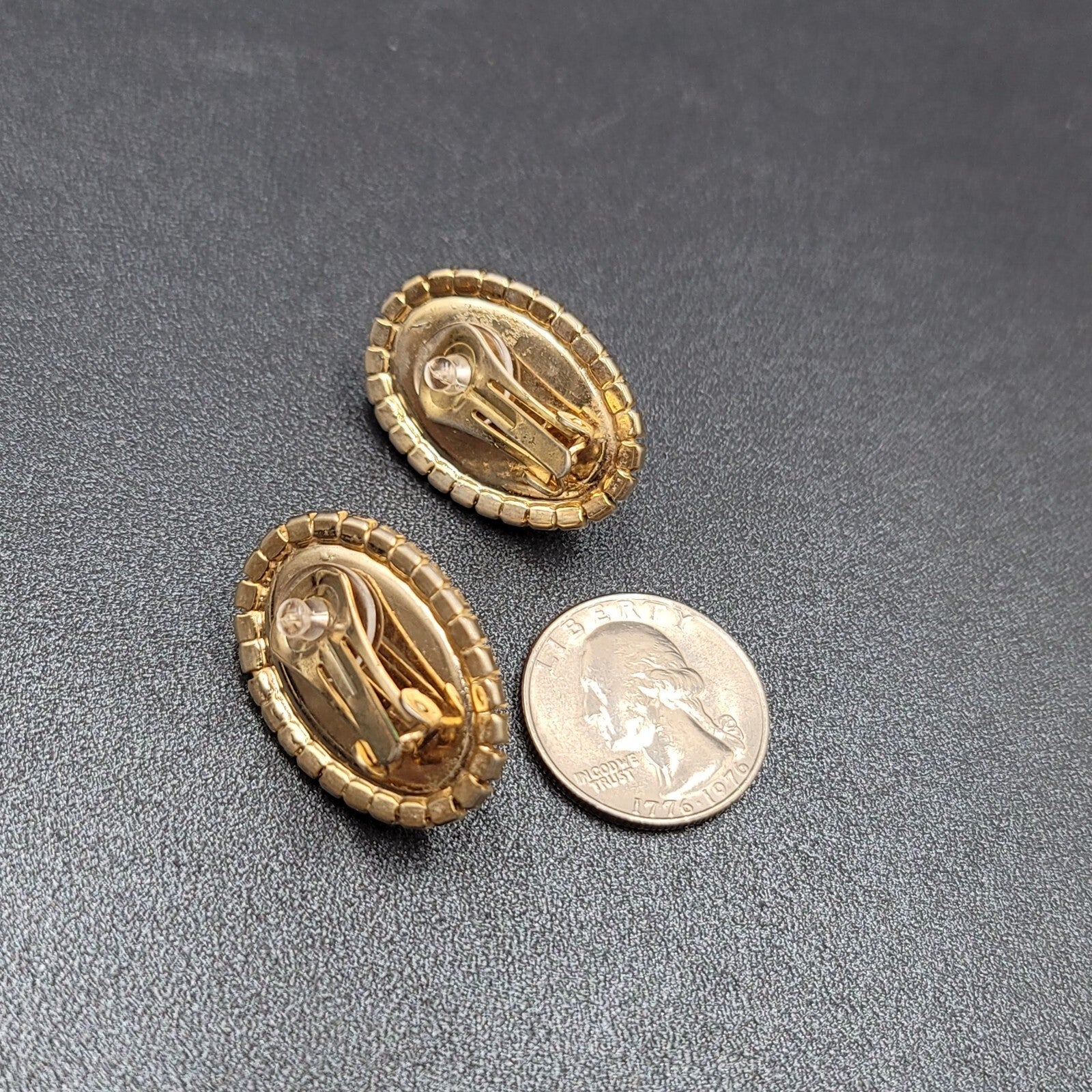 Vintage Clip on Earrings Statement AB Rhinestones Pearl White Cabochon 1 1/8"