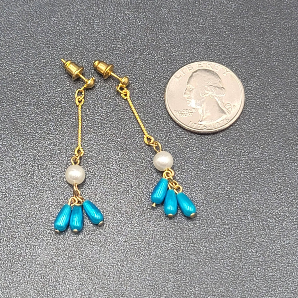 Pierced Earrings Gold Plated Bright Blue Beads Faux Pearl Dangle 2.25"