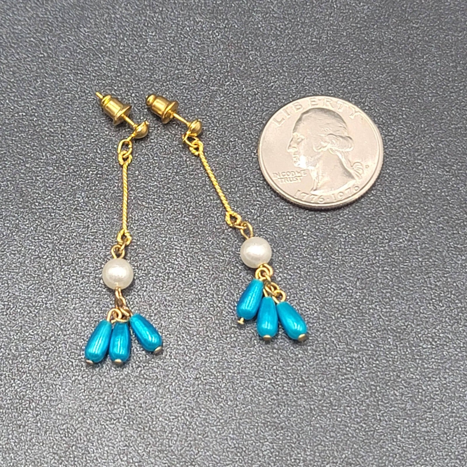 Pierced Earrings Gold Plated Bright Blue Beads Faux Pearl Dangle 2.25"