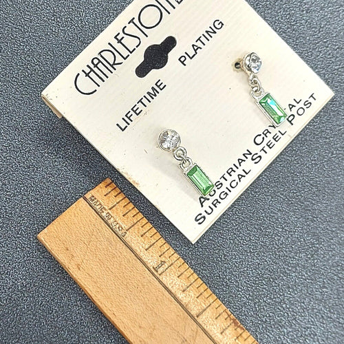 Charleston Pierced Earrings Austrian Green Crystal Silver tone Dangle 3/4"