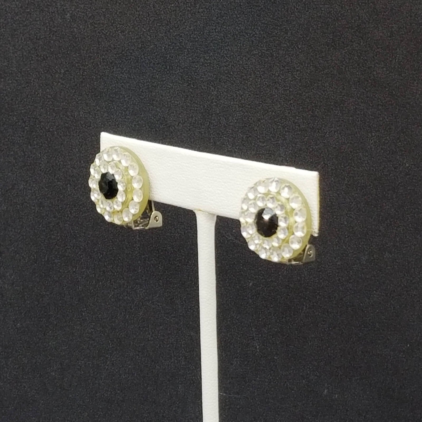 Vintage Clip on Earrings Black Crystal Button Style Stud 3/4"