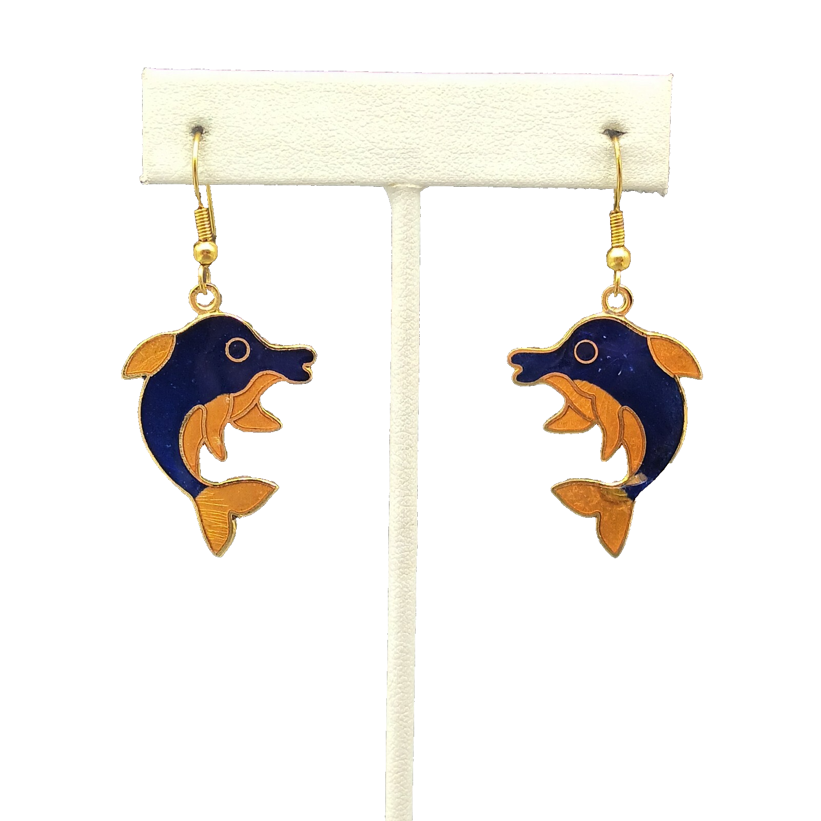 Vintage Dolphin Pierced Earrings Gold tone Blue Orange Enamel Dangle 1 1/4"