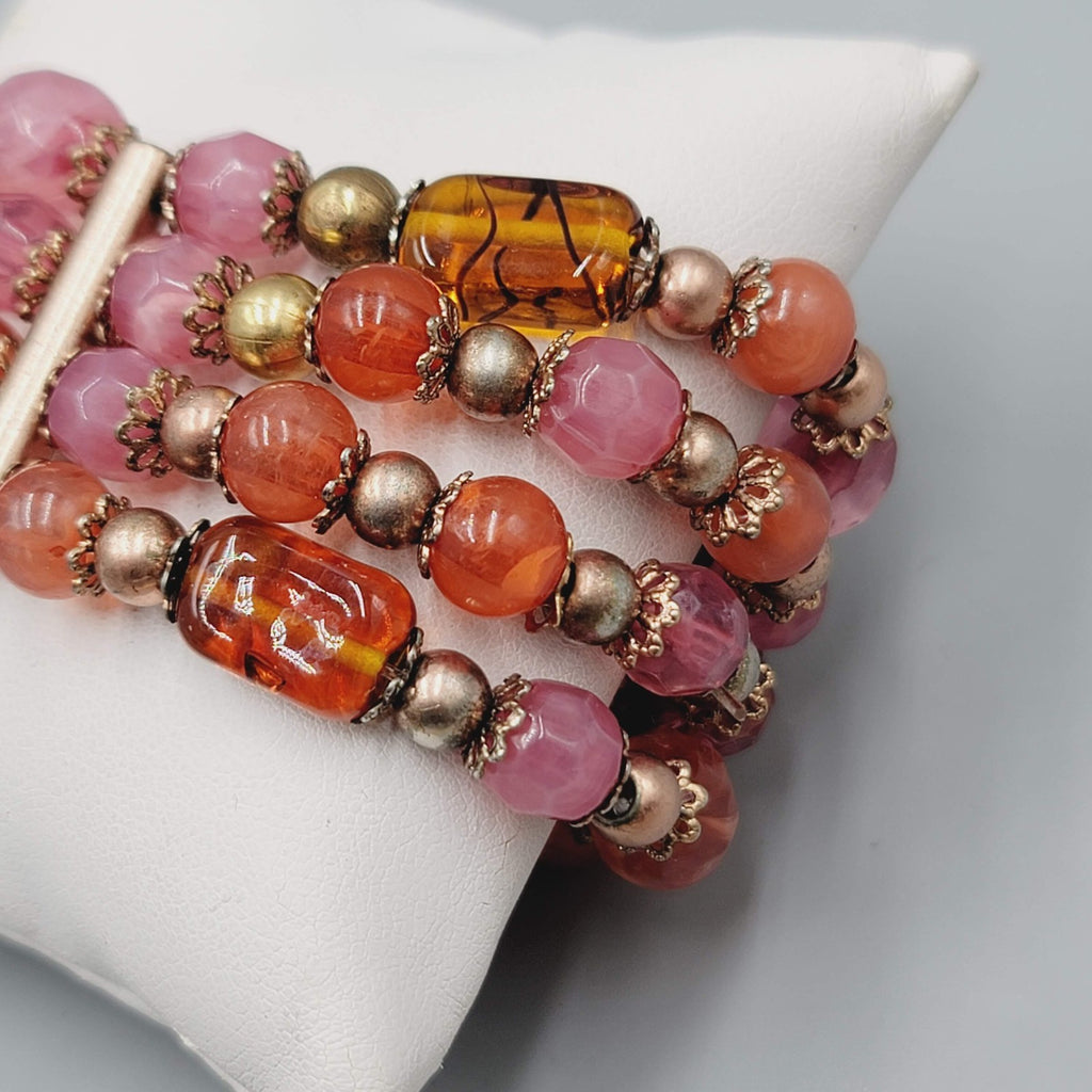 Liz Claiborne Glass Bead Bracelet Pink Orange Elastic Triple Strand 7"