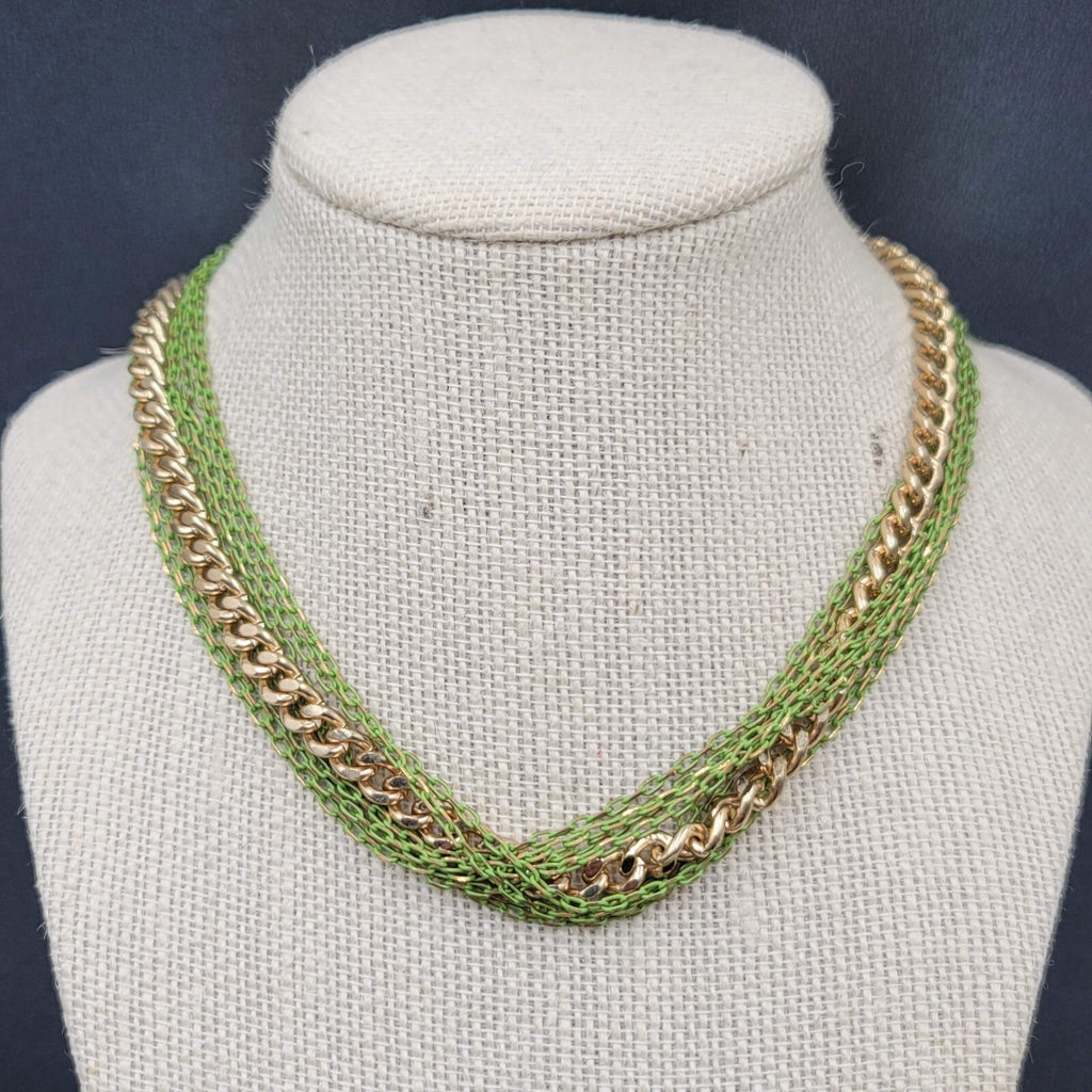 VCLM Multi Chain Necklace Gold tone Green Enamel 16-19 in