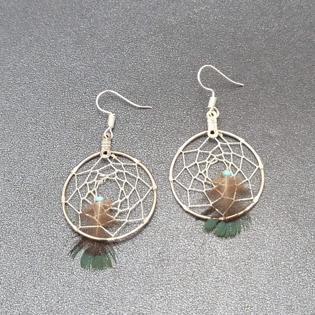 Vintage Pierced Earrings Silver tone Dreamcatcher Real Feather  1.5"