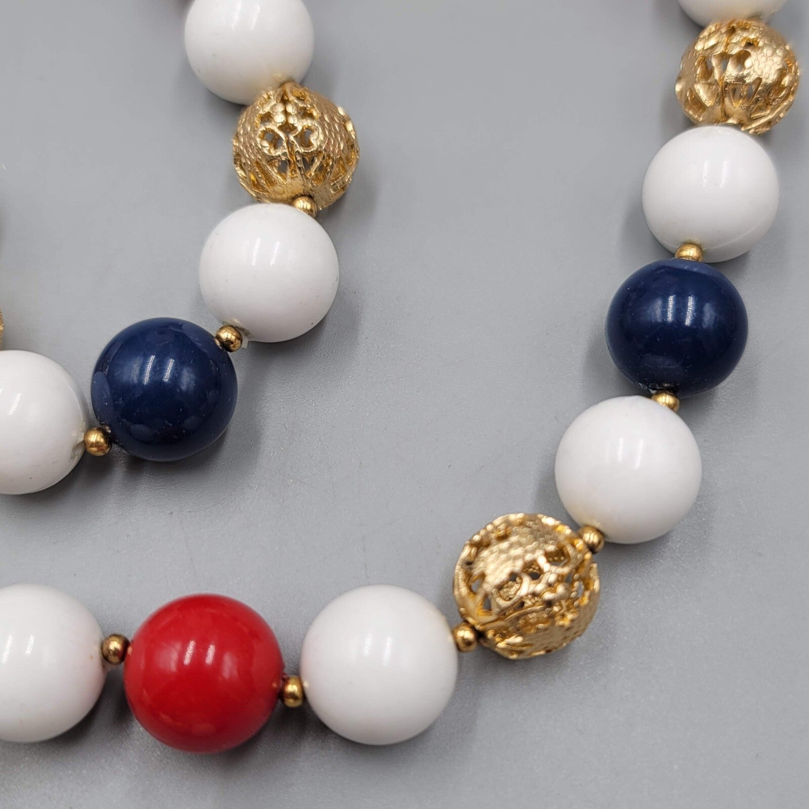 Vintage Necklace Red White Blue Gold tone Filigree Beads 30"