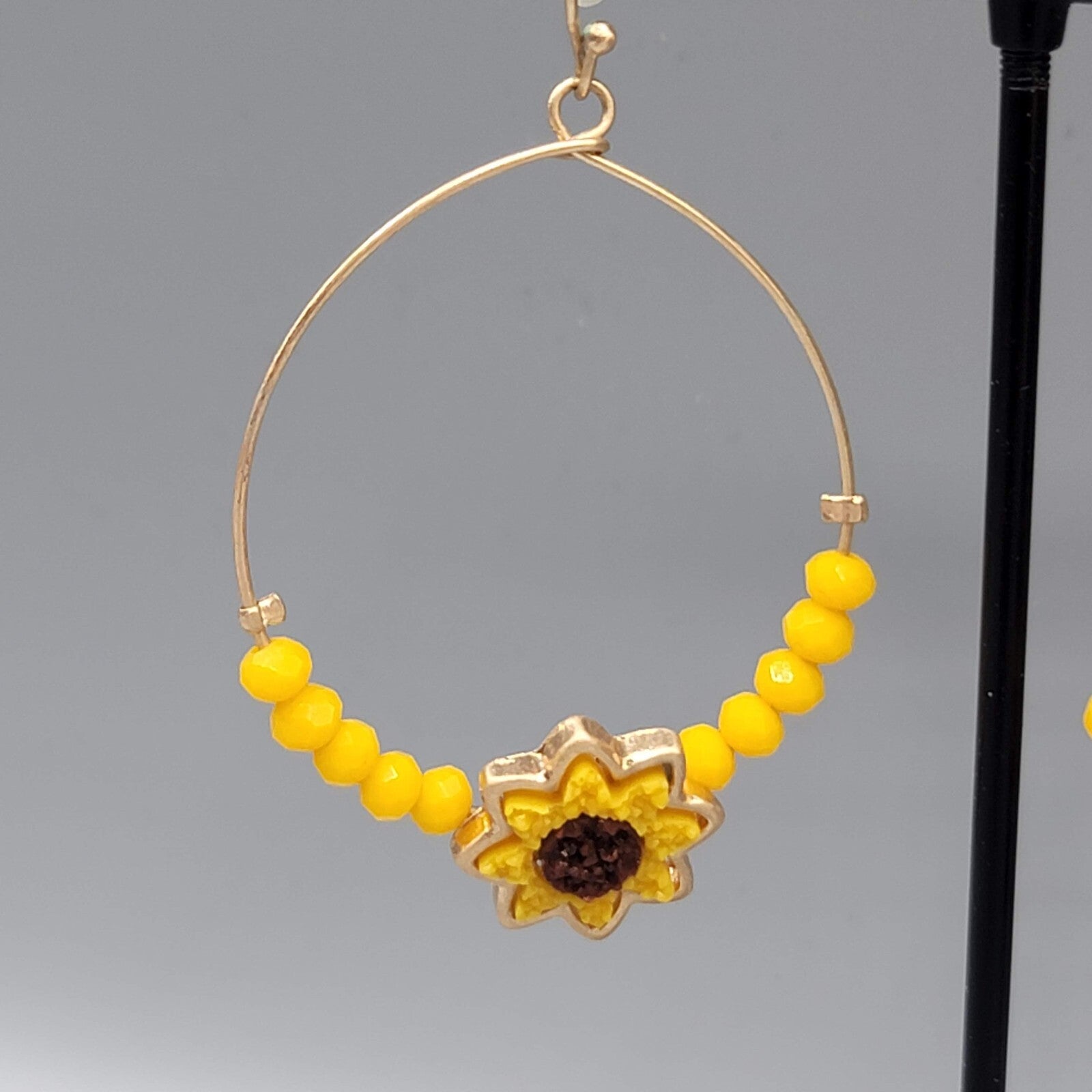 Sunflower Pierced Earrings Gold tone Yellow Bead Dangle hoops 2"