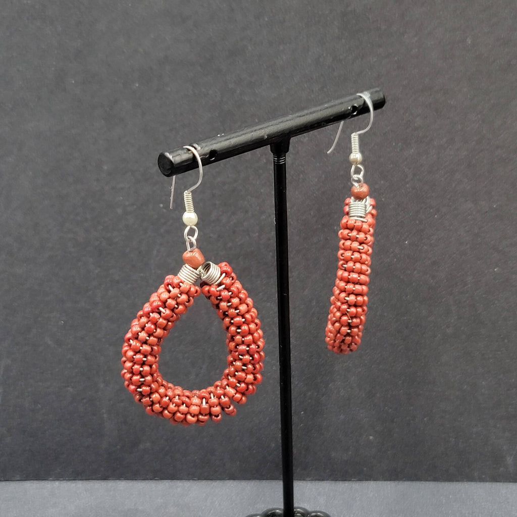 Pierced Earrings Brown Seed Bead Teardrop Hoops Dangle Silver tone 1.5"